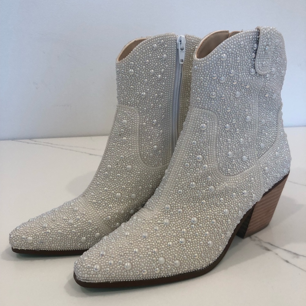Betsey Johnson “Diva” White Pearl Embellished Ankle Boots